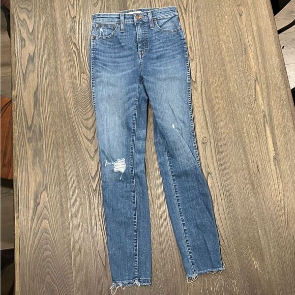 Madewell Medium Wash 9 Inch Mid Rise Ripped Knee Distressed Skinny Jeans Size 25 - Picture 1 of 11